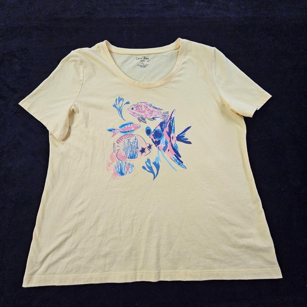 Coral Bay Petite Fish Yellow Short Sleeve Cotton Blend T-Shirt Women's PL